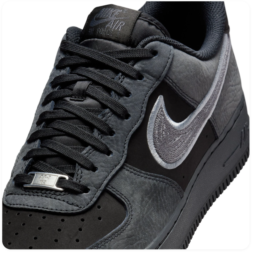 Nike Air Force 1 Low LV8 Anthracite Black Metallic Silver Tumbled Leather Court Sneakers