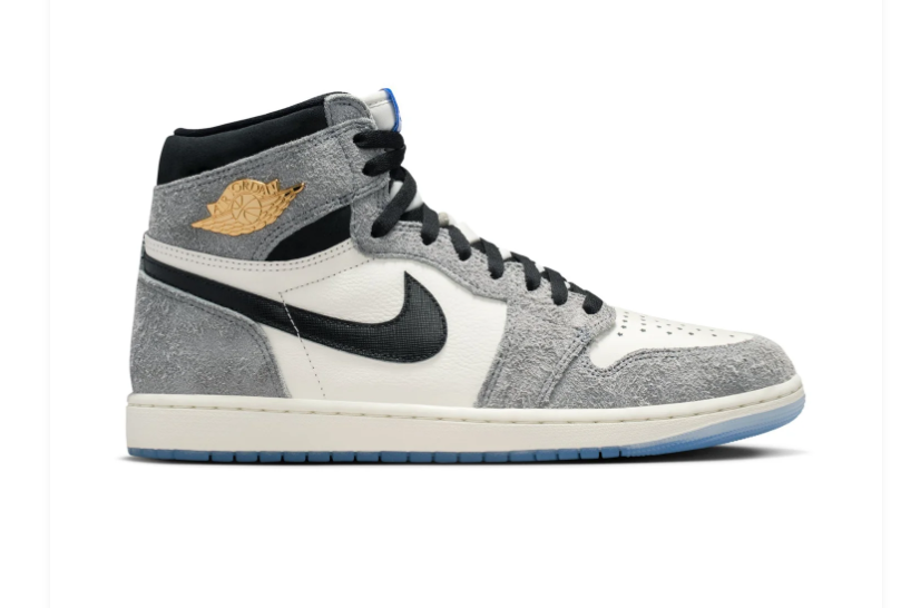 Air Jordan 1 Retro High OG Grey Elephant Print Gold Blue Sneakers