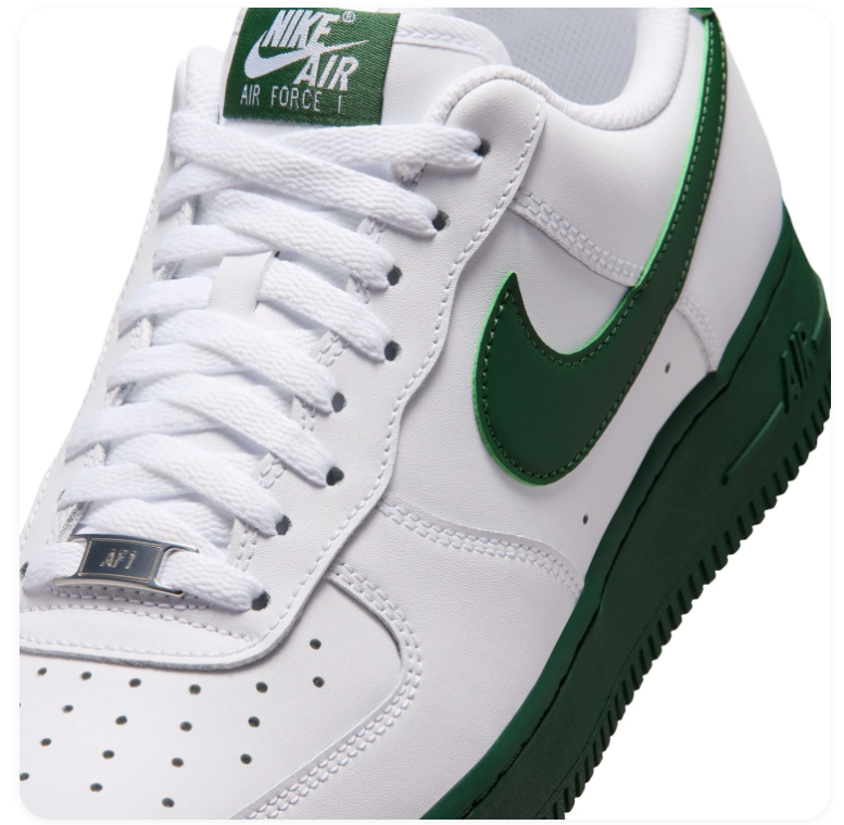Nike Air Force 1 Low '07 White Gorge Green Swoosh Green Sole Classic Court Sneakers