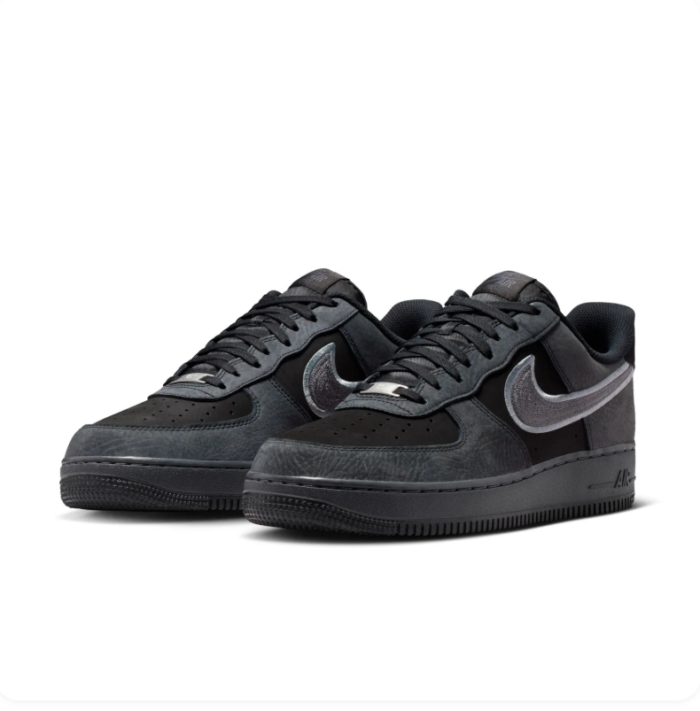 Nike Air Force 1 Low LV8 Anthracite Black Metallic Silver Tumbled Leather Court Sneakers