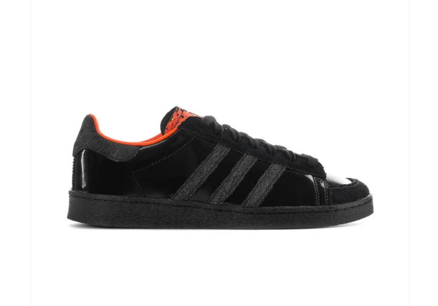 Adidas Superstar Triple Black Patent Orange Accent Shell Toe Sneakers