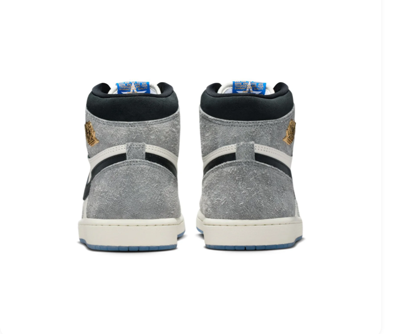 Air Jordan 1 Retro High OG Grey Elephant Print Gold Blue Sneakers