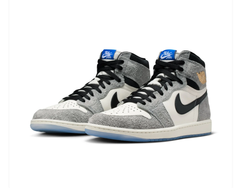 Air Jordan 1 Retro High OG Grey Elephant Print Gold Blue Sneakers